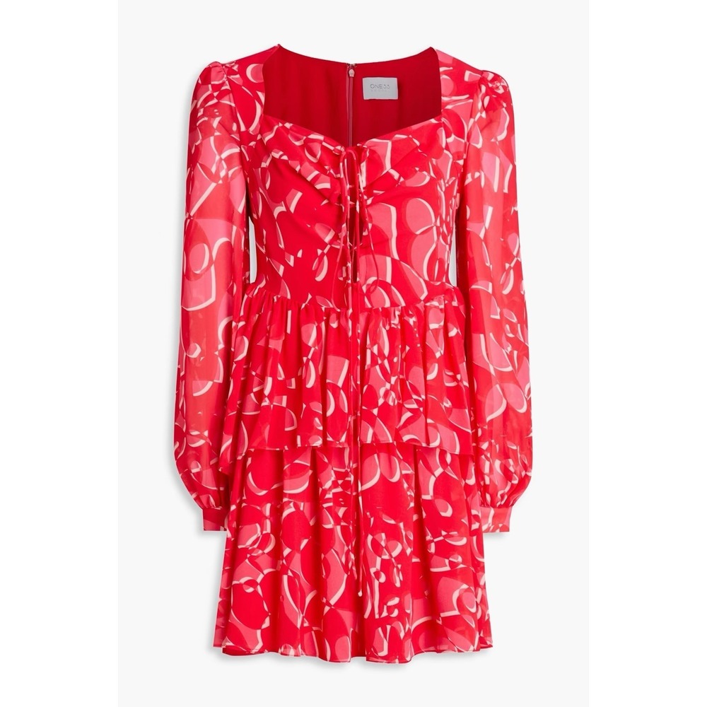 ONE33 Social Georgette Mini Dress Size 2 Pink Red Lace Up Front Ruffled NWT - Picture 3 of 16